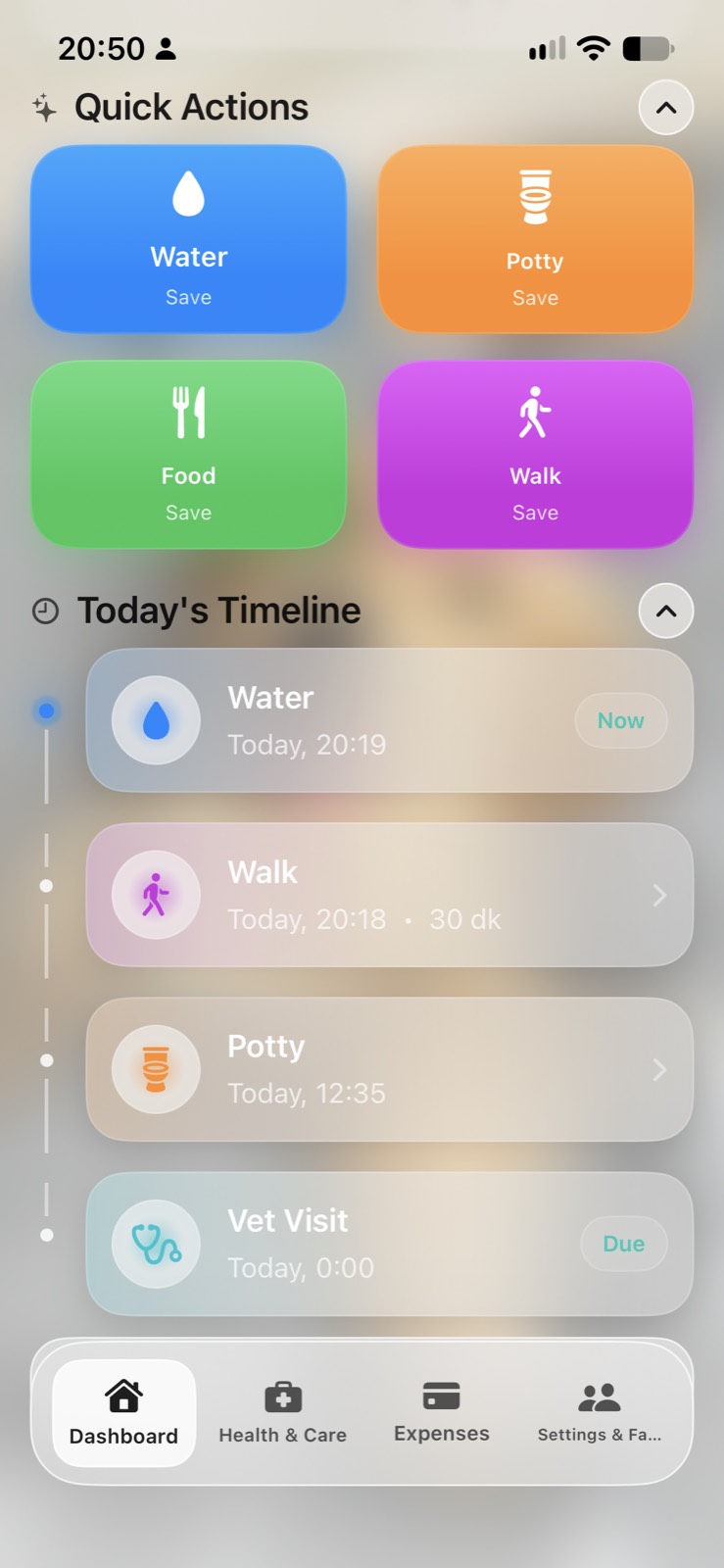 Puppivo quick actions and today's care timeline
