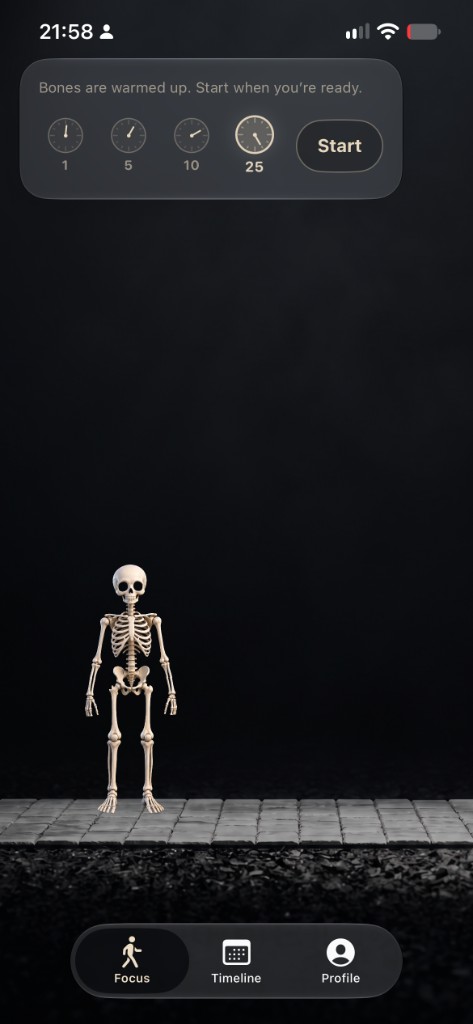 SkeletonFocus start screen with 1, 5, 10, and 25 minute presets