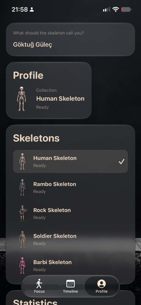 SkeletonFocus profile with a display name and skeleton collection