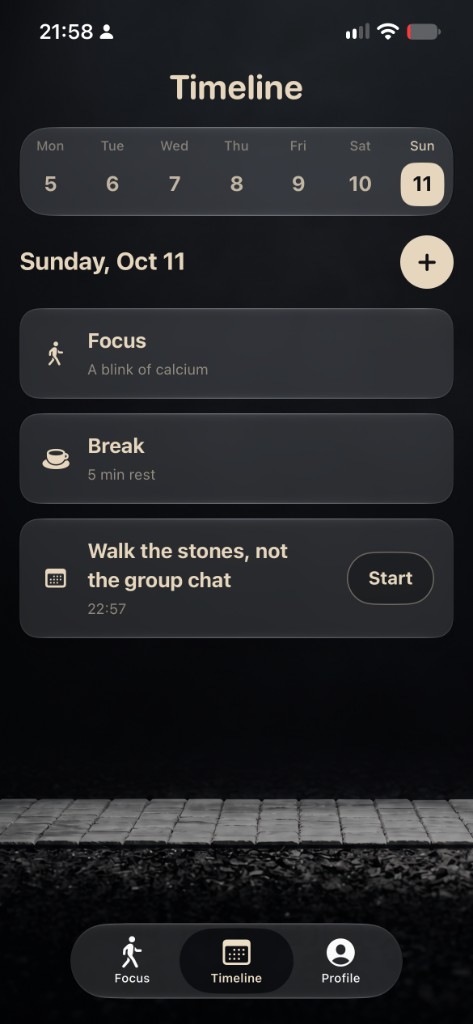 SkeletonFocus timeline with focus, break, and a custom reminder